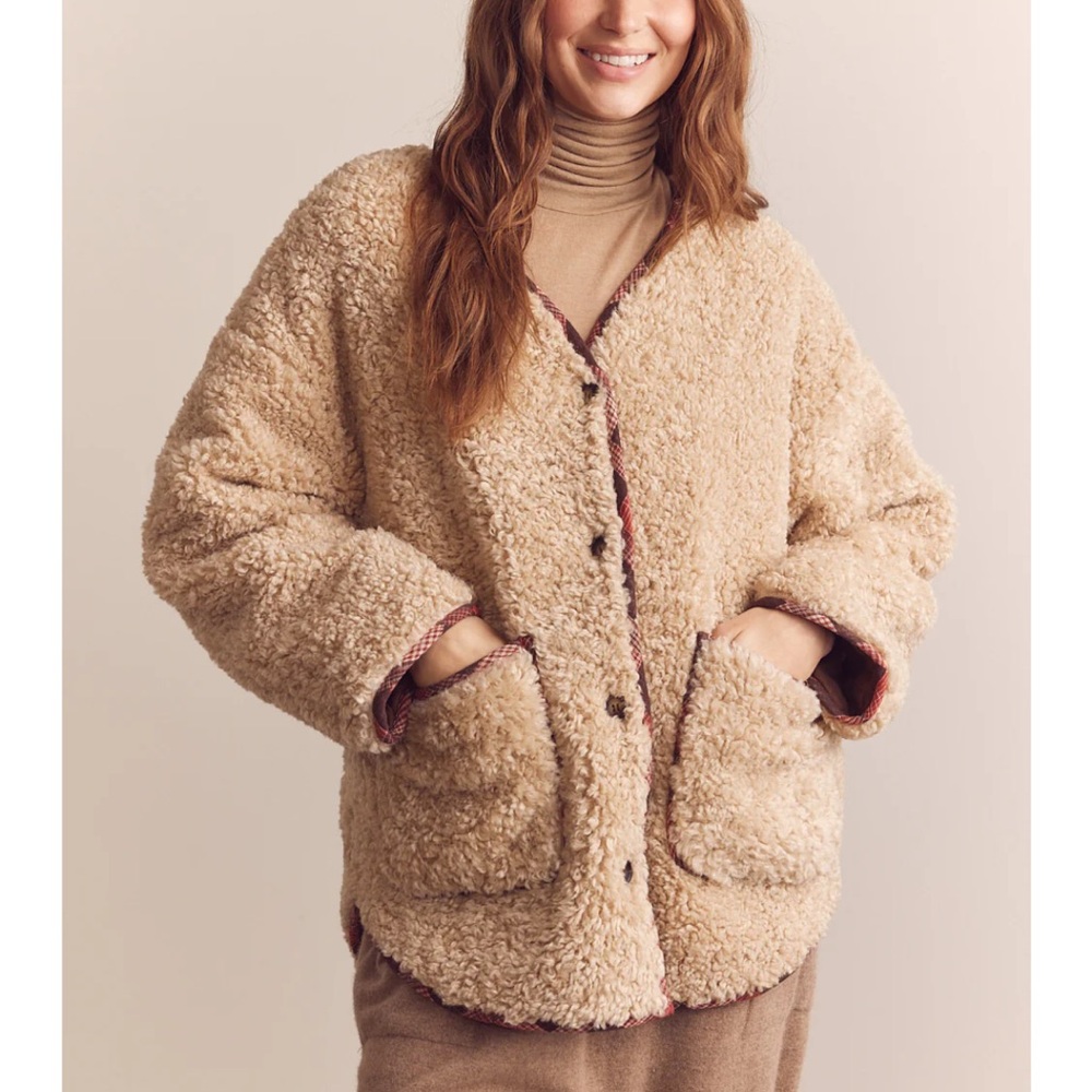 Wool blend shepherd reversible cardigan